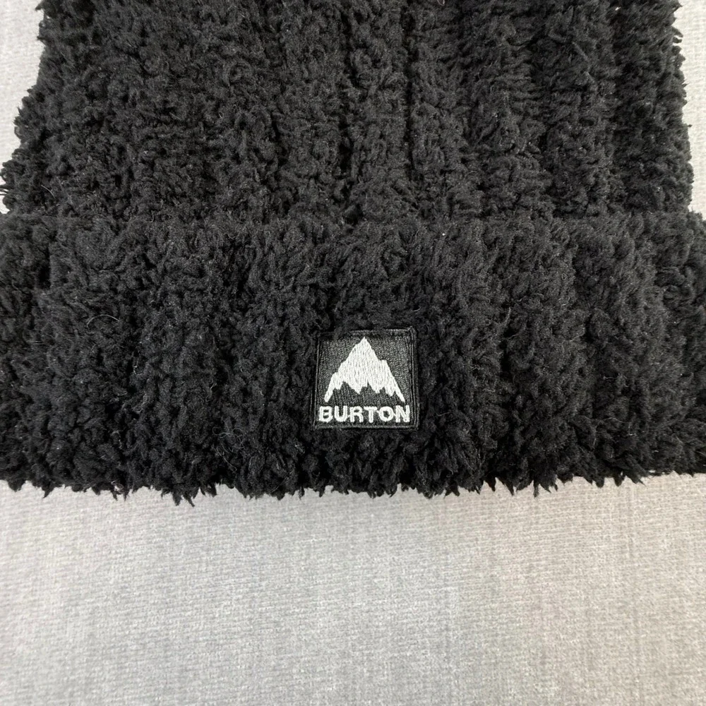 Burton Plush Beanie Black Fleece Cuffed Winter‎ Hat 23421 Mountain Logo Patch